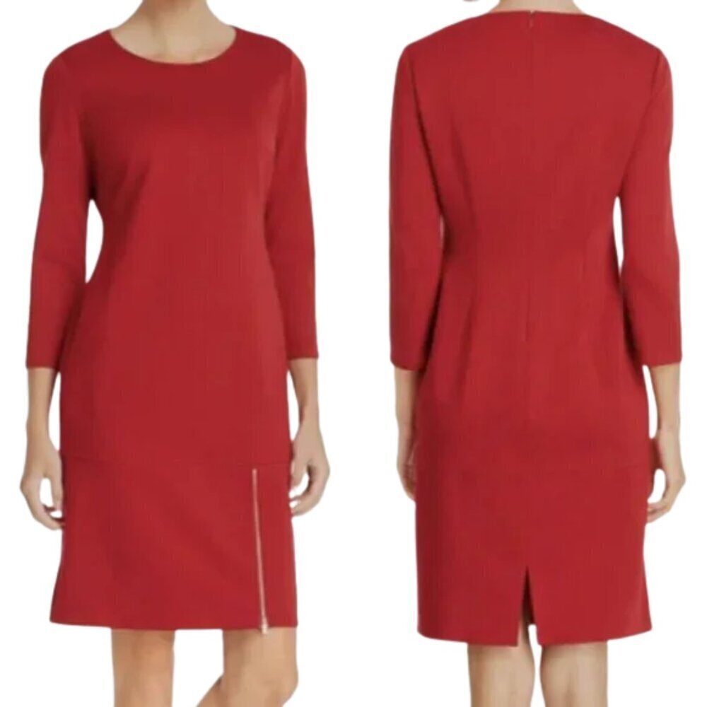 NWT T Tahari Long Sleeve Ponte Zip-Slit Sheath Dress in Garnet Dusk Red Sz. 6